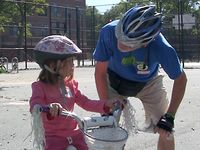A young participant in Bike New York's 