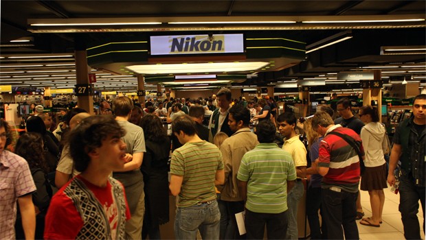 A busy Sunday afternoon at B&H Photo on the third floor, where new camera gear is located.