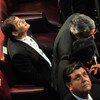 Presidents Rafael Correa of Ecuador (L) and Alan Garcia of Peru (foreground), look at the ceiling of the Congress, as a powerful 7.2 magnitude earthquake rocks central Chile, during the inauguration c