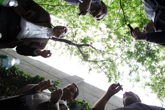 Cigar enthusiasts smoking at Paley Park on the 44th anniversary of the park, the same day smoking was banned in the city's public parks.