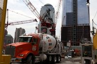 Concrete truck making a delivery at the transit hub at the World Trade Center work site.