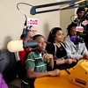 Bronx Radio Rookies visit WNYC studios for the first time. (left to right: Irina, Keith, Vikky, Yesenia, Muntu, AJ and Erikka - hidden behind the mic stand)