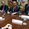 US President Barack Obama speaks alongside Erskine Bowles and Sen.Alan Simpson, co-chairs of the National Commission on Fiscal Responsibility and Reform 