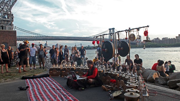 Gamelatron playing at sunset in Williamsburg on the East River