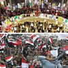Egyptian anti-government demonstrators in Tahrir Square and demonstrators protest in the capitol rotunda in Madison, Wisconsin.