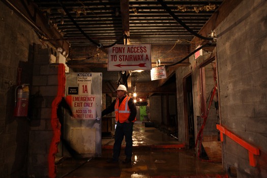 Ground floor of the Deutsche Bank building in lower Manhattan where there are only a few stories left to demolish.
