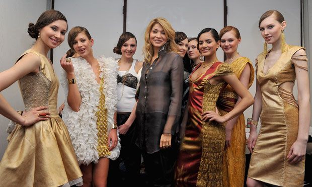 Designer Gulnara Karimova backstage with models ahead of her show on Day 3 of the Mercedes-Benz Fashion Week Russia Fall/Winter 2011/2012 at the Congress Hall on April 2, 2011.