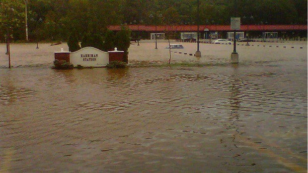 The parking lot of the Metro-North station at Harriman, on the Port Jervis Line, was under water.