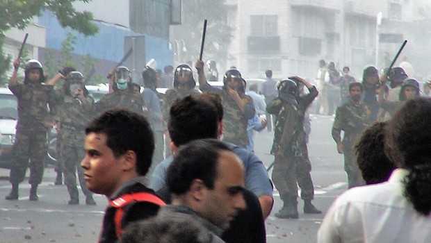 A picture obtained on June 21, 2009 shows Iranian riot police blocking protesters on a street of Tehran.