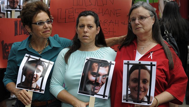 Laura Fattal, Cindy Hickey and Nora Shourd, the mothers of Josh Fattal, Shane Bauer, and Sarah Shourd respectively protest outside the Iran Mission in New York July 30, 2010
