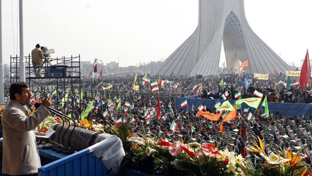 Iranian President Mahmoud Ahmadinejad addresses tens of thousands of Iranians gathered in Azadi (Freedom) Square in southwestern Tehran to mark the 31st anniversary of the Islamic revolution