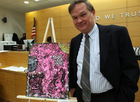 Judge Lee Elkins says he plans to keep the work on the walls of his 11th floor courtroom in Brooklyn Family Court 