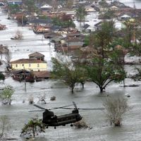 Flooding in the Lower Ninth Ward in New Orleans following hurricanes Katrina and Rita in 2005. 