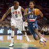 The USA's Kevin Durant and France's Mickael Gelabale during the Global Community Cup basketball exhibition game between France and the USA August 15, 2010 at Madison Square Garden in New York.
