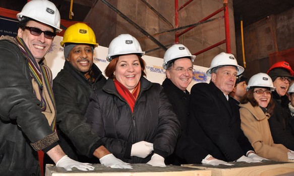 The Pershing Square Signature Center groundbreaking in 2009 (L-R): Tony Kushner, Ruben Santiago-Hudson, Christine Quinn, James Houghton, Michael Bloomberg, Erika Mallin, John Guare.