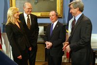 Mayor Bloomberg, in between takes with the stars of Law & Order in the Blue Room at City Hall.