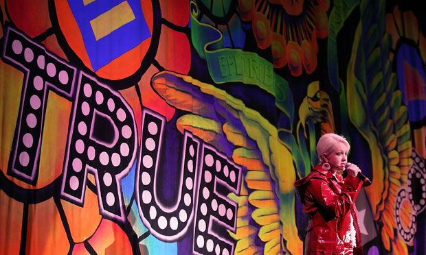 Cyndi Lauper speaks to a crowd at the True Colors tour on May 31, 2008 in Boston, Massachusetts.