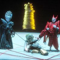 Das Rheingold at LA Opera: Vitalij Kowaljow (Wotan), Gordon Hawkins (Alberich), and Arnold Bezuyen (Loge)