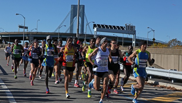 Men's front runners crossing the Verrazano-Narrows Bridge at the 2010 New York City Marathon