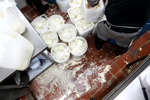 The factory processes about 2,400 pounds of soybeans a day, yielding about 10,000 squares of tofu.