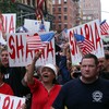 Protesters near the proposed site of the Islamic cultural center on Aug. 22, 2010
