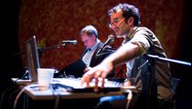 Jad and Robert on stage for Radiolab Live: In the Dark