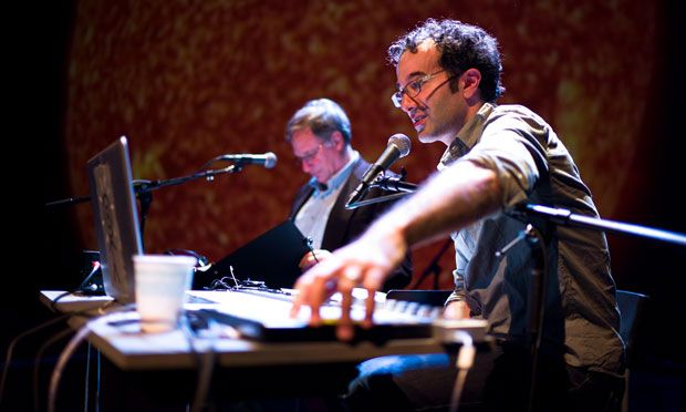 Jad and Robert on stage for Radiolab Live: In the Dark