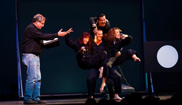 Robert Krulwich on stage with Pilobolus in Berkeley for Radiolab Live: In the Dark