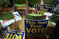 Political election signs are seen after Democratic Senate candidate Kendrick Meek (D-FL) spoke while attending a campaign rally in Miami, Fl.