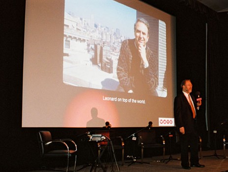 Leonard Lopate addresses the audience at the live taping at the MOMA on March 29, 2005. 