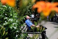Soaking in the sun at Union Square park on a sweltering day in June, heat, hot
