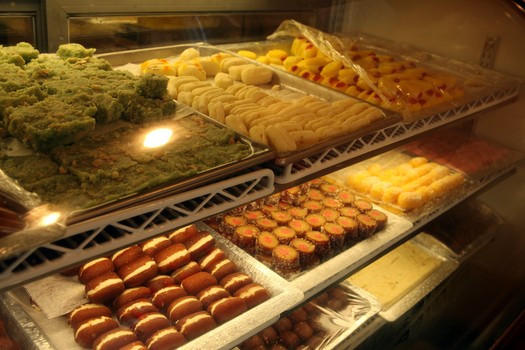 Sweets for sale by the pound at Rajbhog.