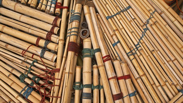 There are three different kinds of 30-40 foot bamboo poles, which came from Georgia for this exhibit.