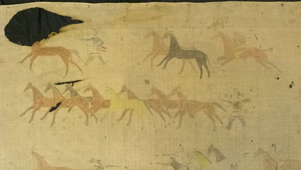 A detail from a North Dakota tipi liner at the Brooklyn Museum from 1889. The liners keep tipis warm.