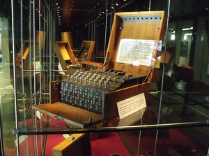 Enigma machines on display in Block B at Bletchley Park National Codes Centre