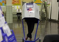 Voter filling out paper ballot on mid-term election day 2010 at P.S. 17 in Williamsburg, Brooklyn