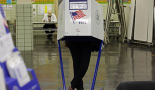 Voter filling out paper ballot on mid-term election day 2010 at P.S. 17 in Williamsburg, Brooklyn