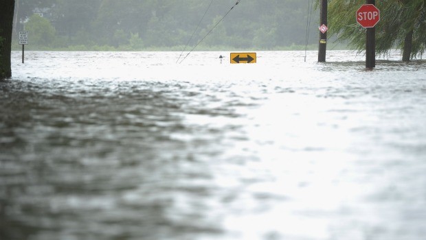 Flooding caused by Hurricane Irene, the nearby Atlantic Ocean and the breaking of local dams on August 28, 2011 covers areas of Spring Lake, New Jersey.