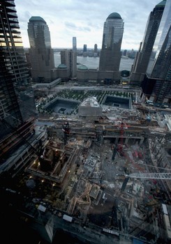 An elevated view of The World Trade Center sit, which sustained no damage when Hurricane Irene hit the region and city on August 28, 2011 in New York City. 