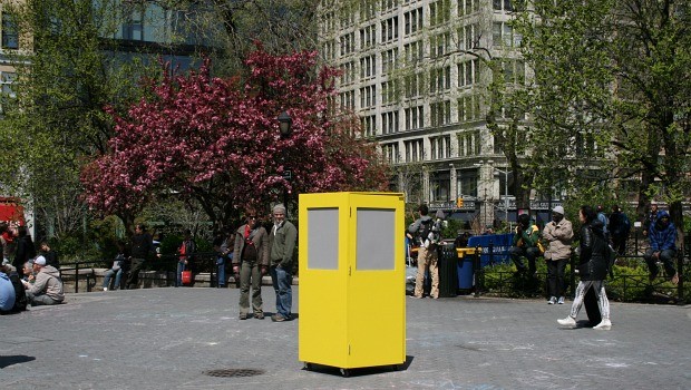 Performer Jacob Berger from the Bronx was inside one of the boxes. 