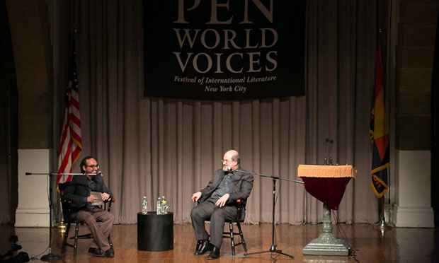 Gary Shteyngart talks with Salman Rushdie during the final PEN World Voices talk in 2012.