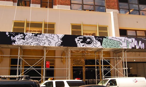 One of the pieces of the 450-foot long mural made by Dark Igloo on Google's New York headquarters scaffolding.