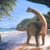 illustration of long-necked dinosaur walking on tropical beach
