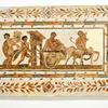A drunk Dionysus is transported on a chariot being pulled by a Centaur, followed by a Bacchanta and a Satyr