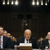 From left, FBI Director James Comey, Director of the National Intelligence James Clapper, CIA Director John Brennan,  in the Senate Intelligence Committee's hearing on worldwide threats. Feb 9, 2016.