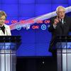 Democratic presidential candidates Bernie Sanders and Hillary Clinton debate in Brooklyn Thursday.