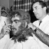 Make-up artists fasten the 'Mr. Hyde' mask on actor Boris Karloff for 'Abbott and Costello Meet Dr. Jekyll and Mr. Hyde'