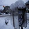 A pay phone wears a cap of snow in Park Slope, Brooklyn. snow storm blizzard