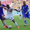 Costa Rica's Joel Campbell (C) vies for the ball against Italy's Giorgio Chiellini (L) and Daniele De Rossi at the Pernambuco Arena in Recife during the 2014 FIFA World Cup on June 20, 2014.