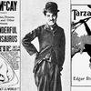 (Left to right) A newspaper ad for Winsor McCay's film Gertie the Dinosaur, Charlie Chaplin as the Tramp, cover for a 1914 edition of Edgar Rice Burroughs Tarzan of the Apes